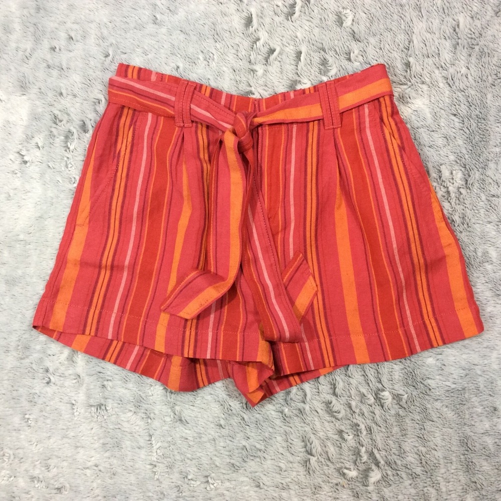 LOFT Ann Taylor Women's Shorts Size XS Red Orange Striped Linen Tie Front NEW